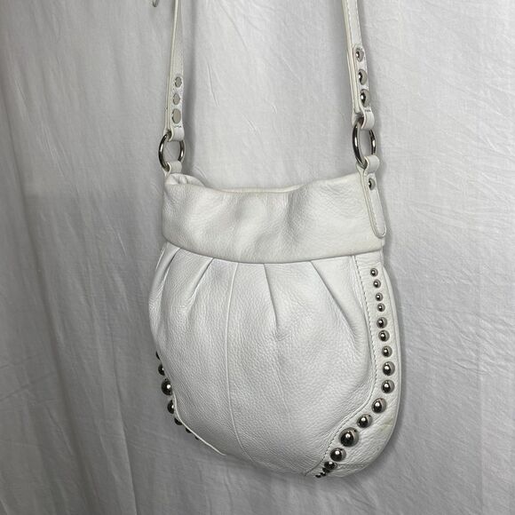Vintage B MAKOWSKY Crossbody Bag Pebbled Leather Studded Adjustable Strap White - Picture 15 of 16